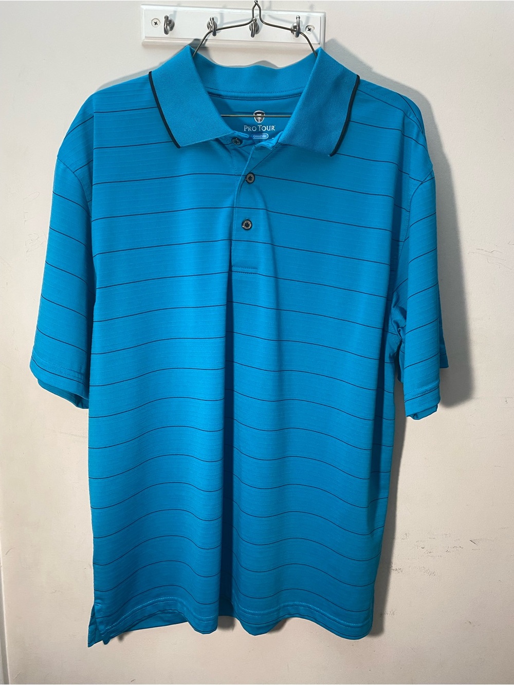 Pro Tour Cool Play Men’s Size L Blue/Black Striped Polyester Short Sleeve Polo